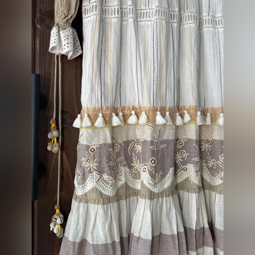 Hemant & Nandita Cream Embroidered Bohemian Maxi Dress with Tassels 100% Cotton - Picture 3 of 6